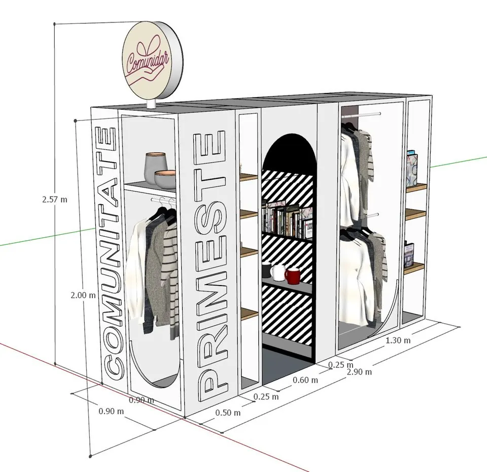 Dimensioned 3D drawing of a shelving stand